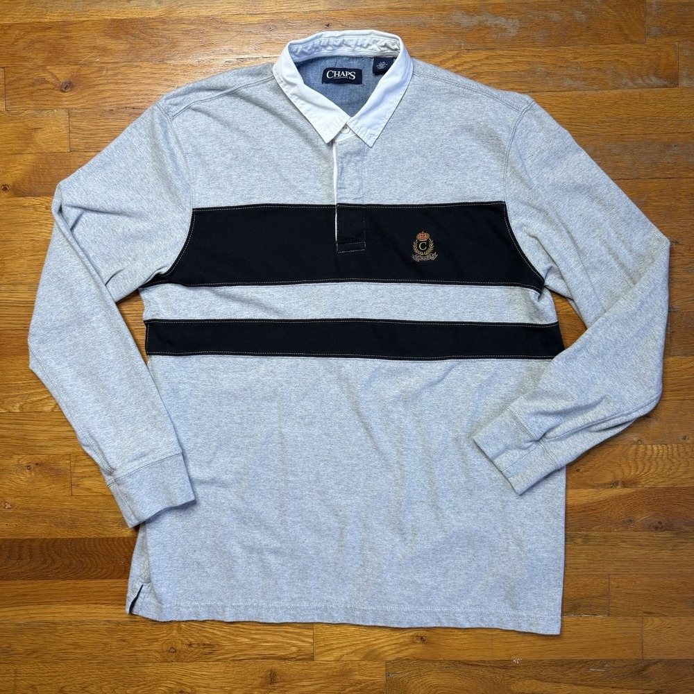 Chaps Rugby Shirt Mens L Gray Black Striped Long Sleeve Crest Logo Polo